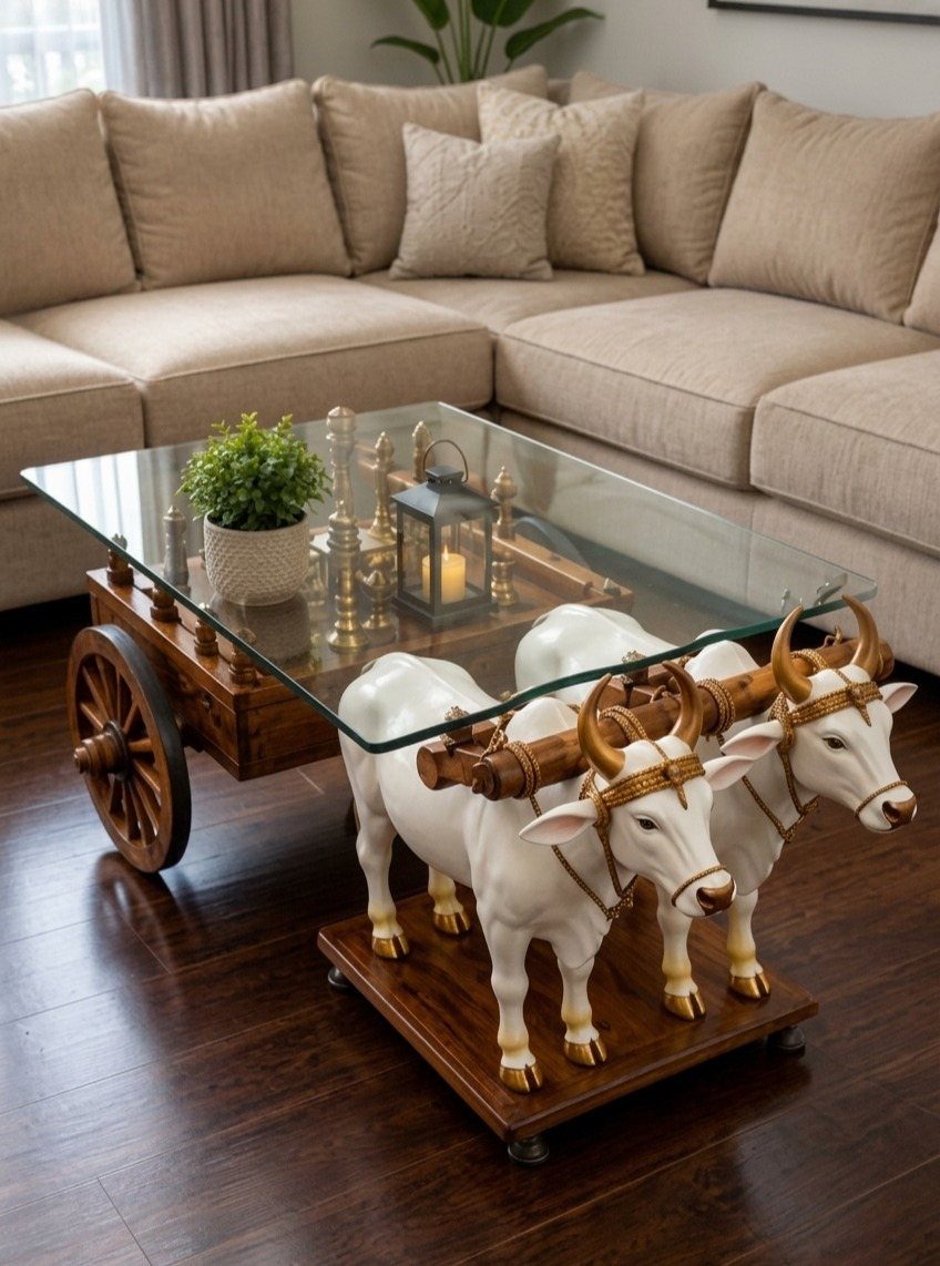 Ox-shaped coffee table with glass top in a modern living room with beige sofa