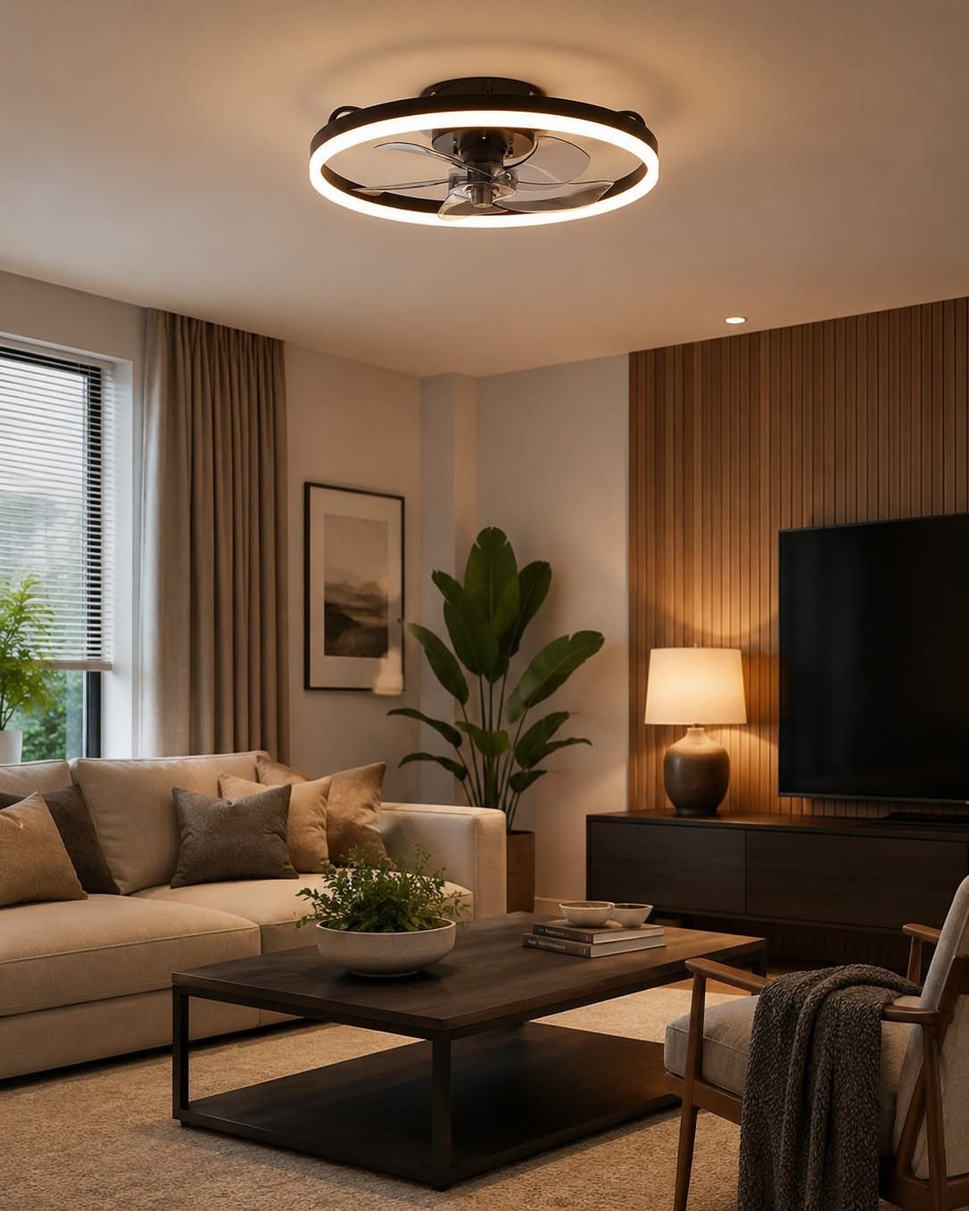 Circular ceiling fan with integrated light ring in a modern living room setting