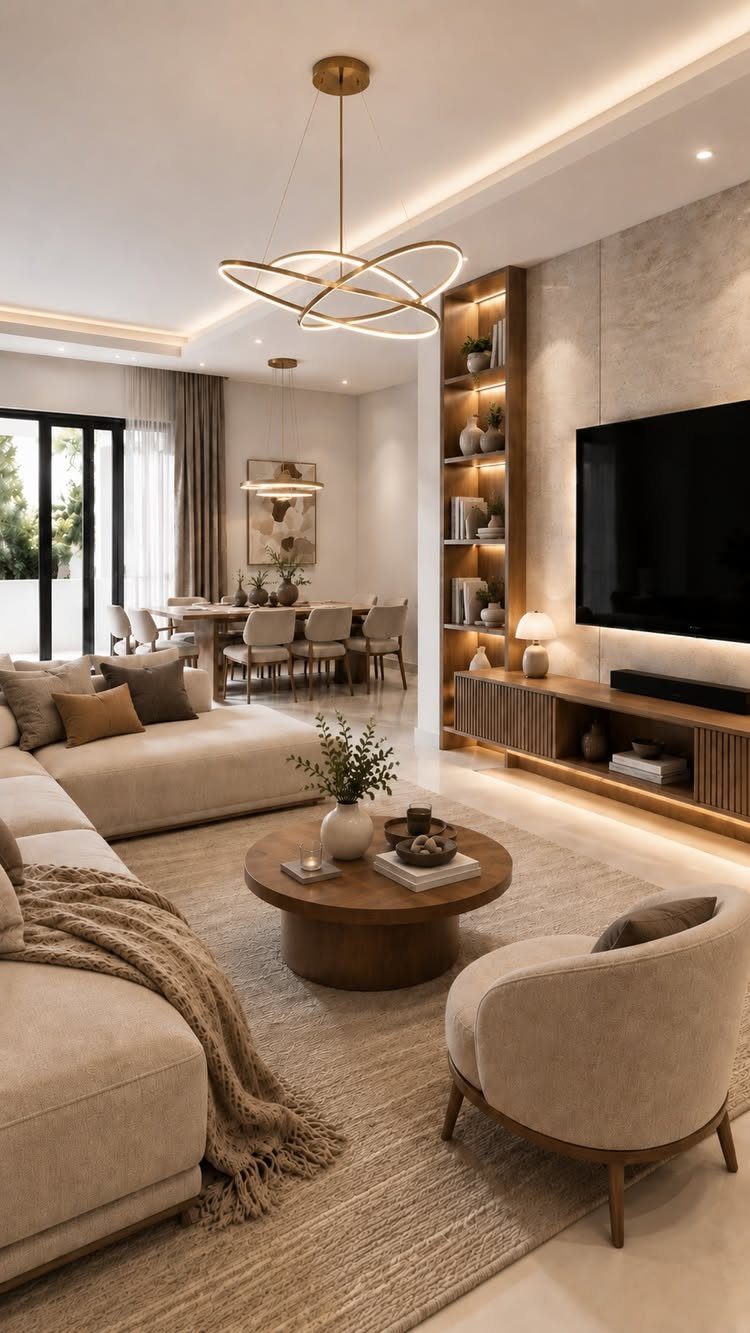 Modern living room featuring a gold sculptural chandelier, recessed ceiling lights, and shelf lighting.