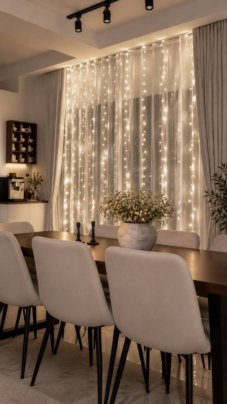 Curtain of warm white string lights hanging behind sheer curtains in a dining room.
