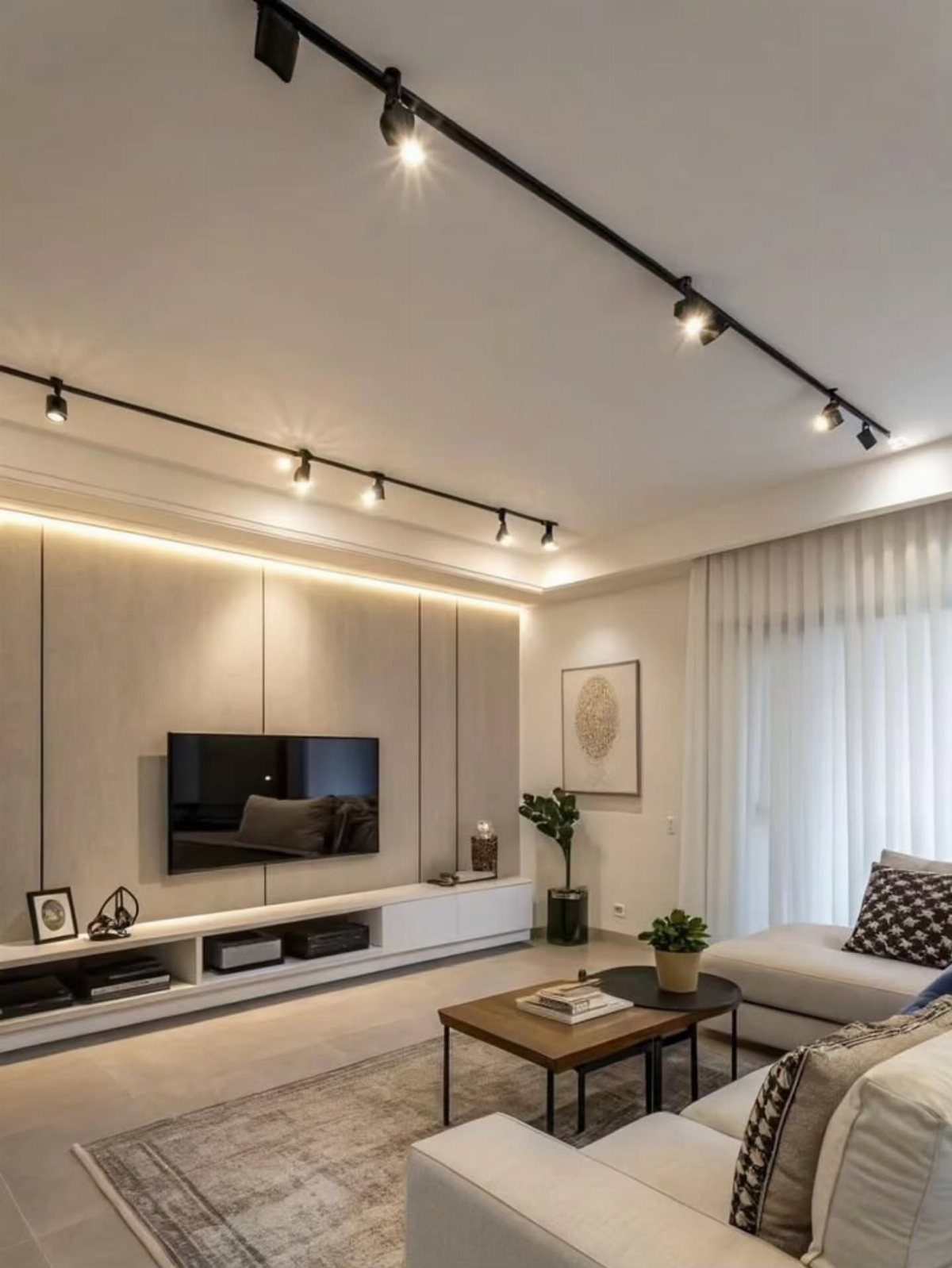 Black track lighting fixtures with spotlights installed on a white living room ceiling.