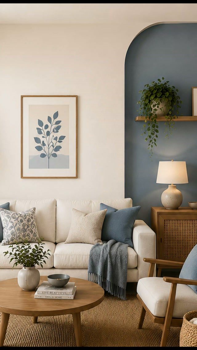 Modern living room with a white sofa and a blue arched accent wall.