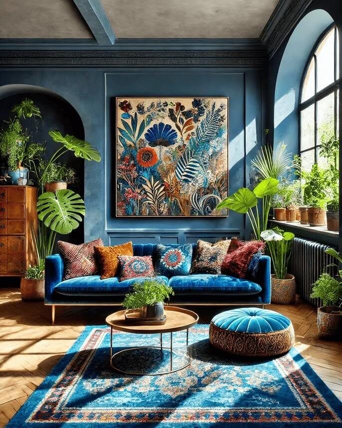 Navy blue living room with a velvet sofa, floral art, and potted plants.