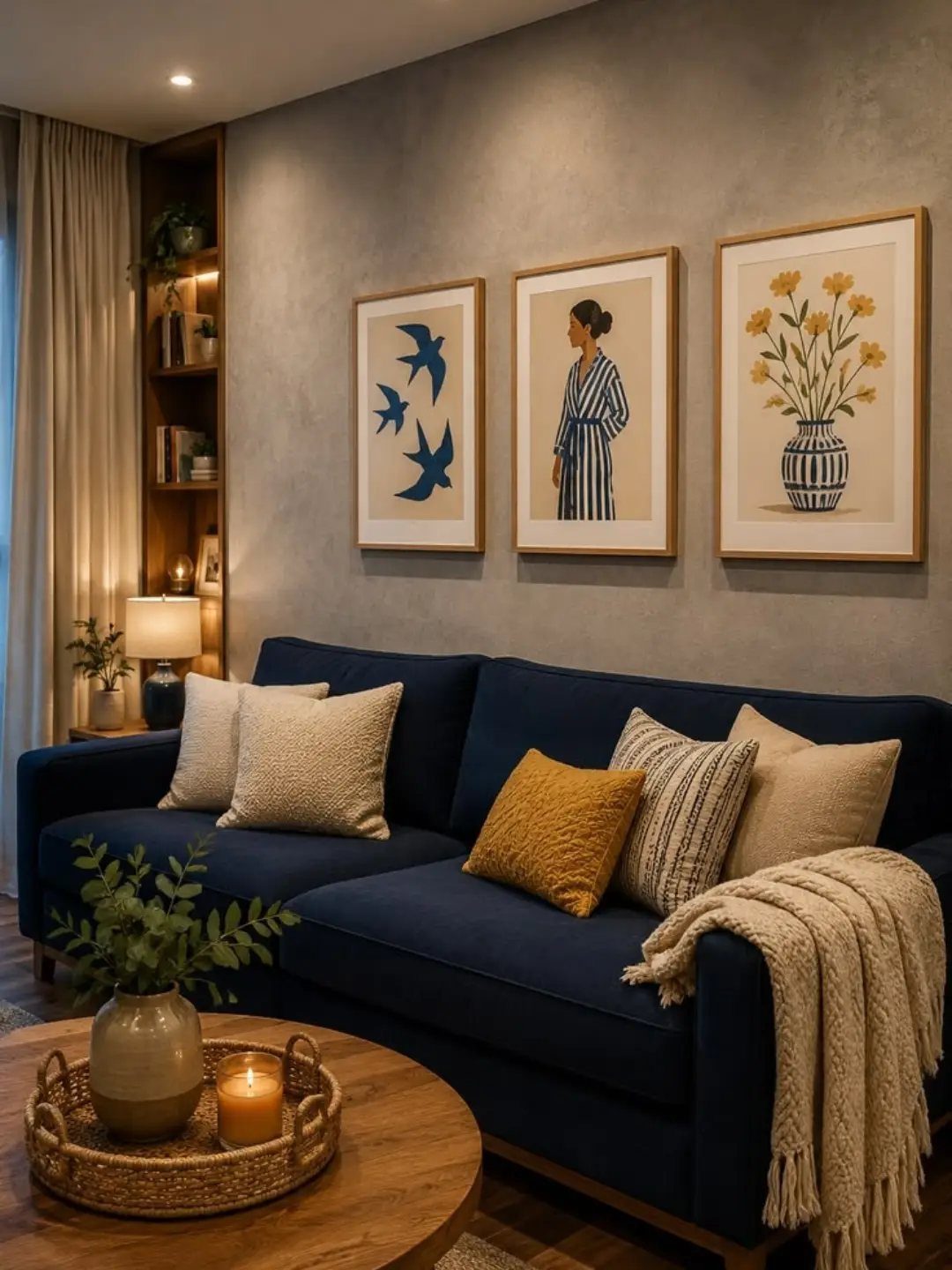 Navy blue sofa against a grey wall with framed art and wooden furniture.