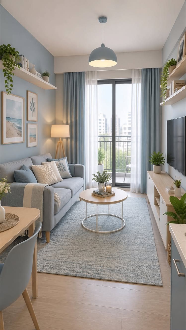 Light blue living room walls with matching blue sofa and curtains in modern interior.