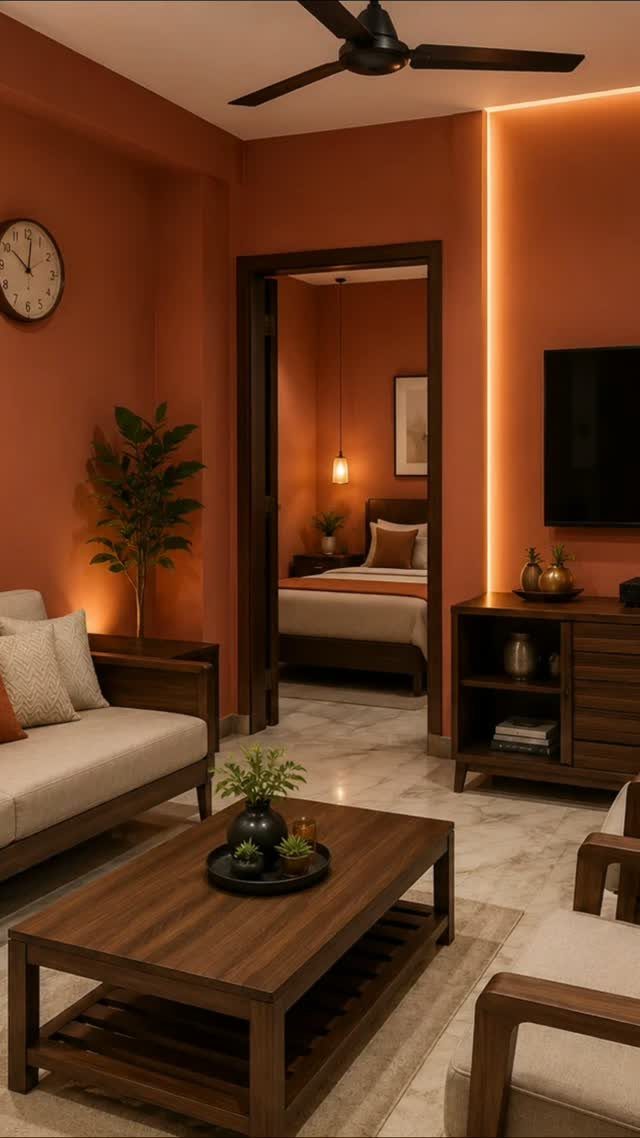 Terra-cotta orange living room with wooden furniture and a view into a bedroom.