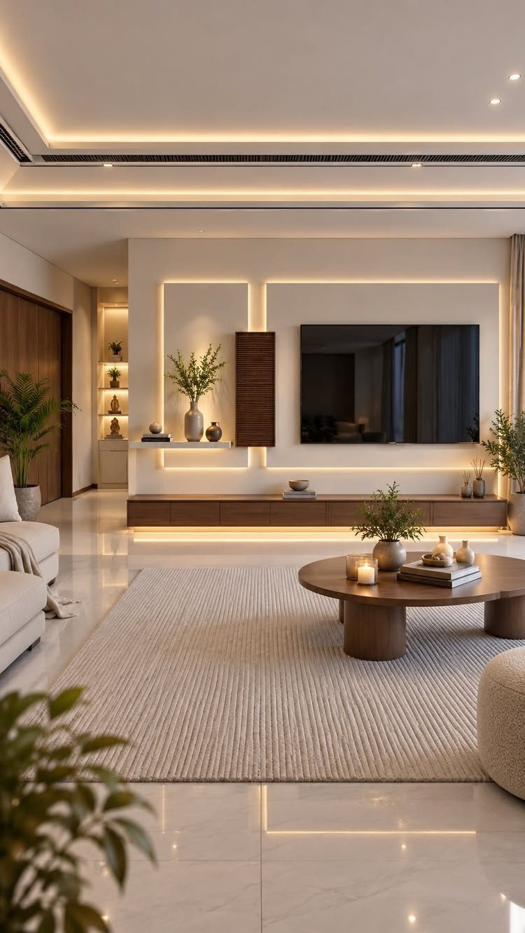 Modern living room with off-white walls, warm accent lighting, and minimalist wooden furniture.