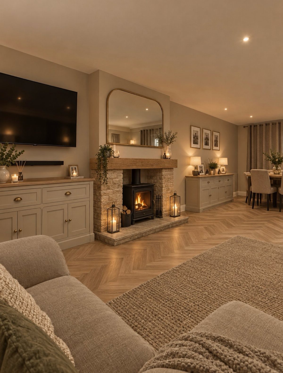 Beige sofa and textured tan rug in an open concept living room area
