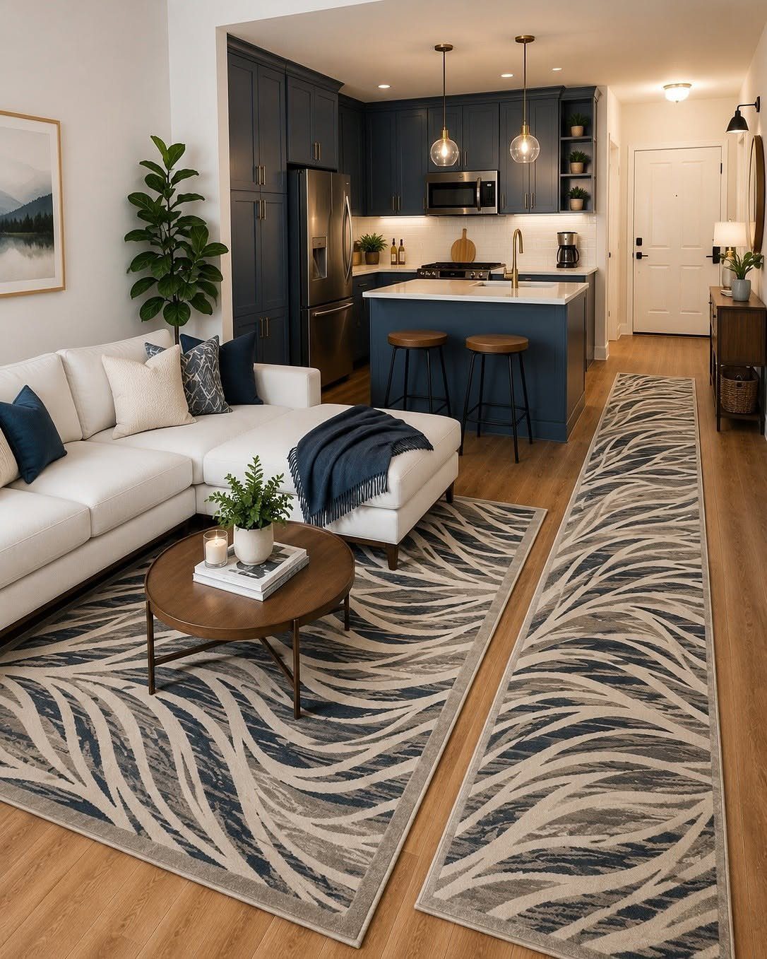 Blue and beige patterned runner rug creating a pathway in a modern living room