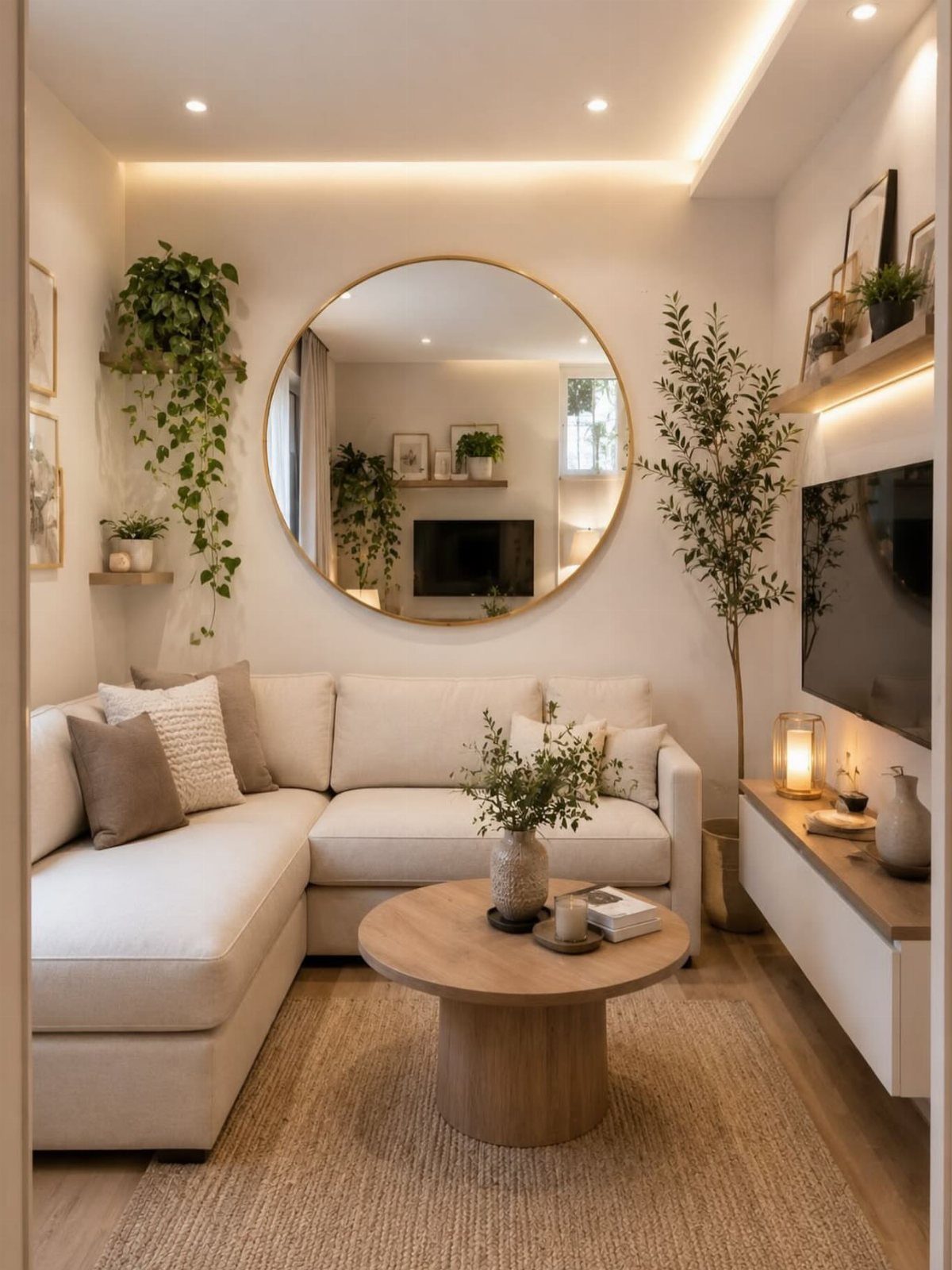 White L-shaped sectional sofa and round wooden table on a tan textured rug.