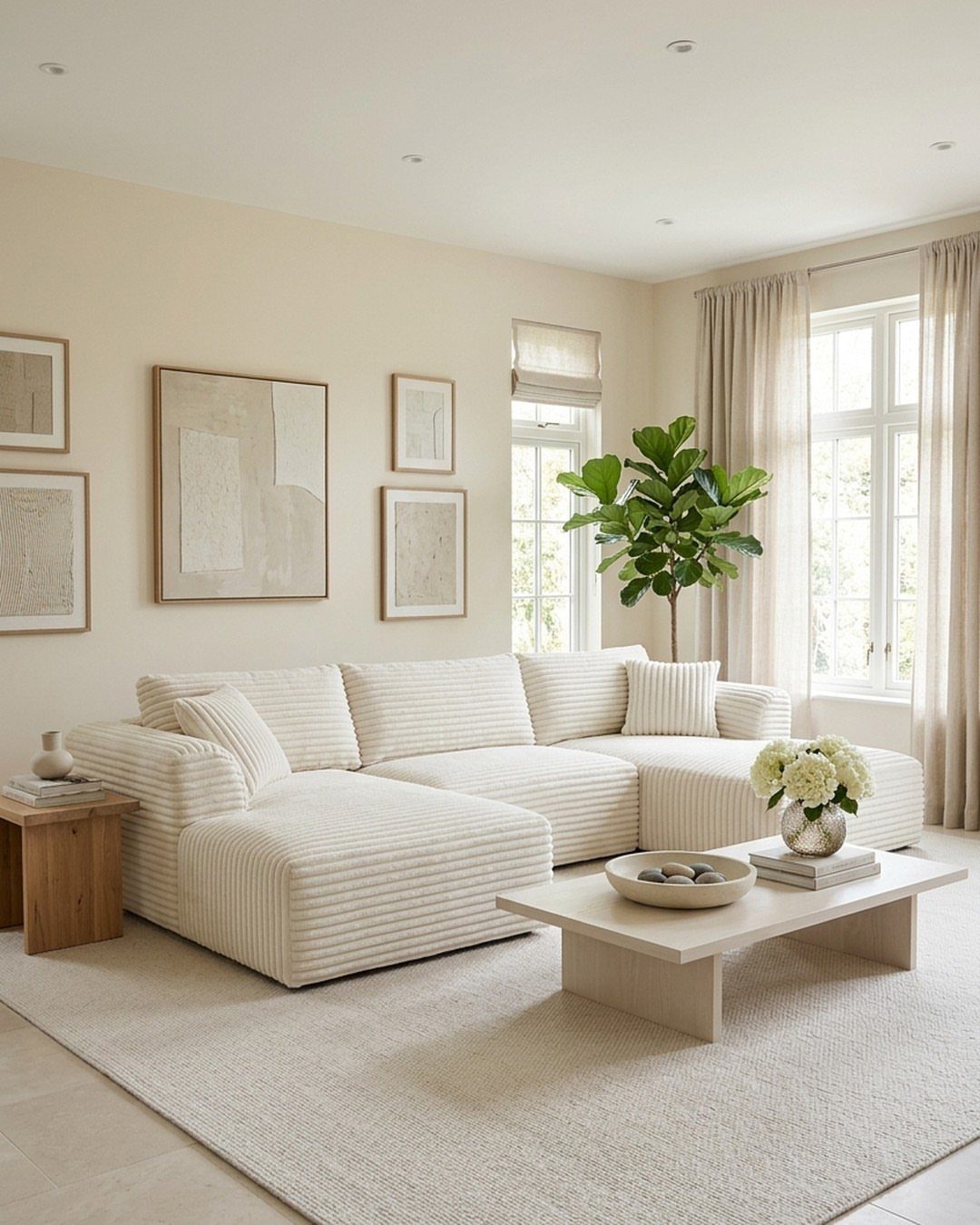 White striped sectional sofa on a beige rug in a bright living room