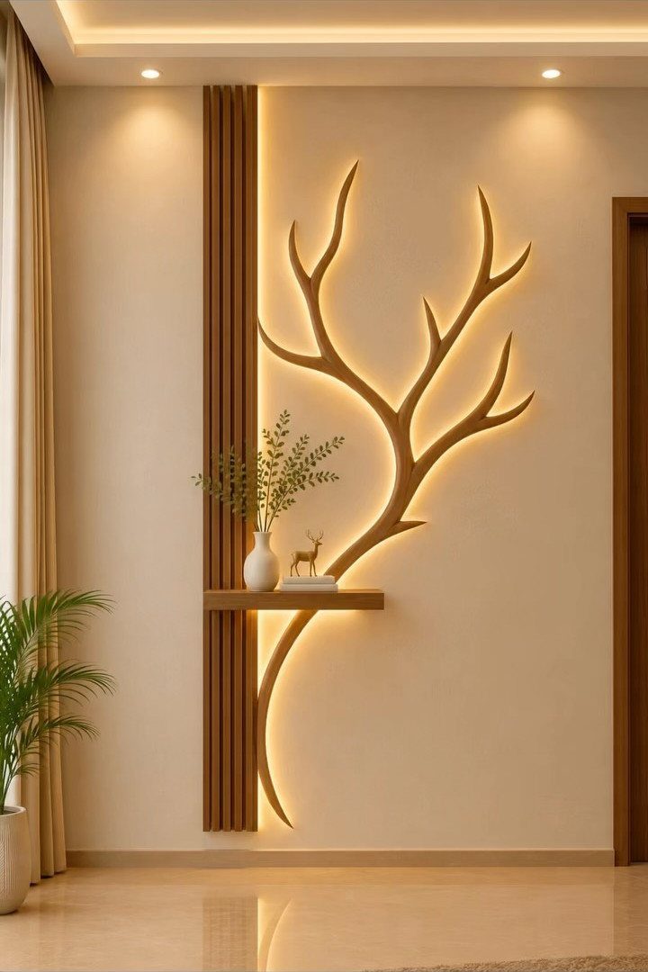 Backlit wooden branch wall art with a floating shelf in a modern room.