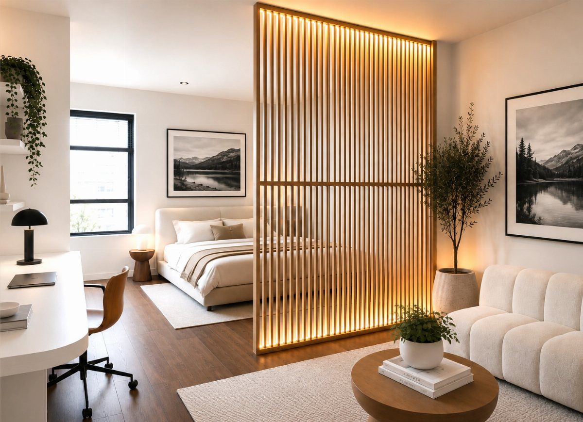 Modern studio apartment with a wooden slat room divider separating living and sleeping areas.