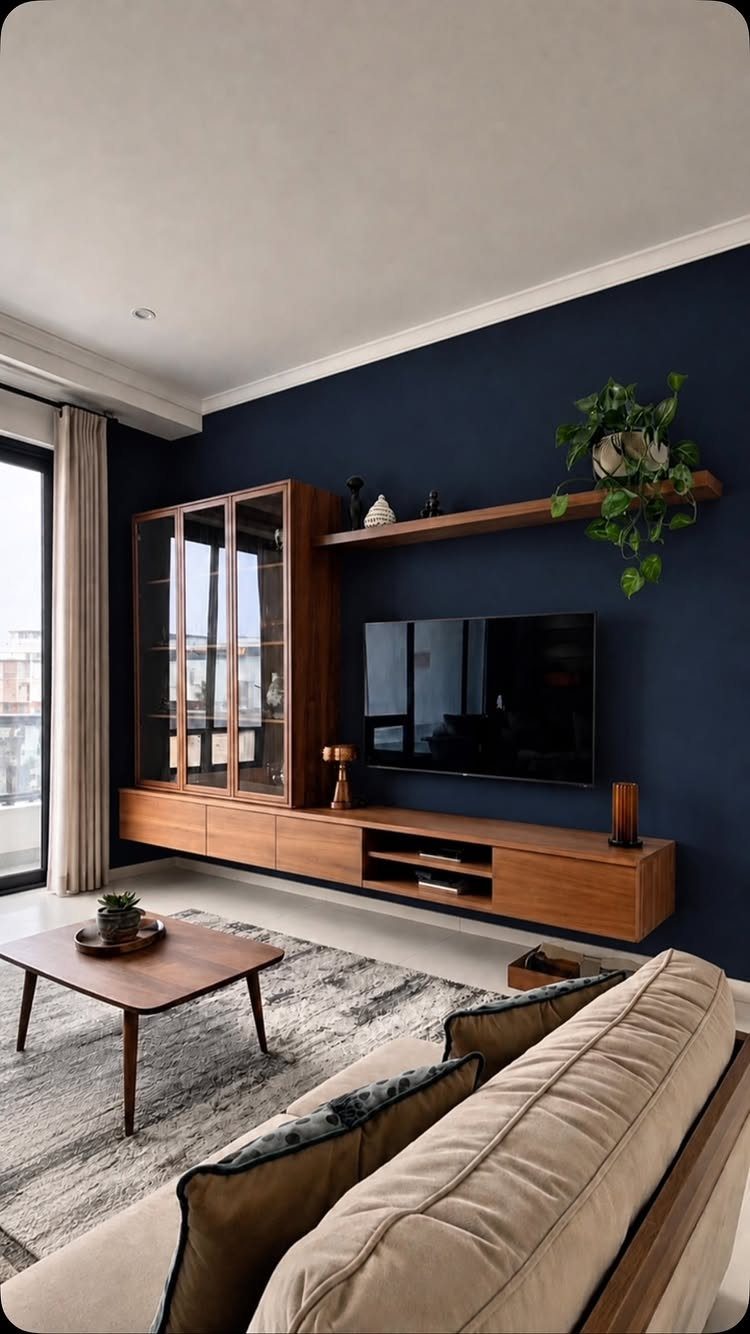 Navy blue accent wall in a modern living room with wooden furniture and beige sofa.