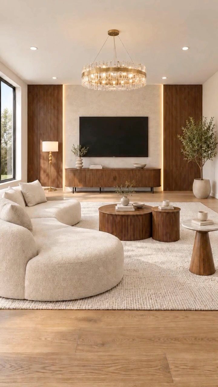 Modern living room with curved cream sofa, wooden wall slats, and crystal chandelier.