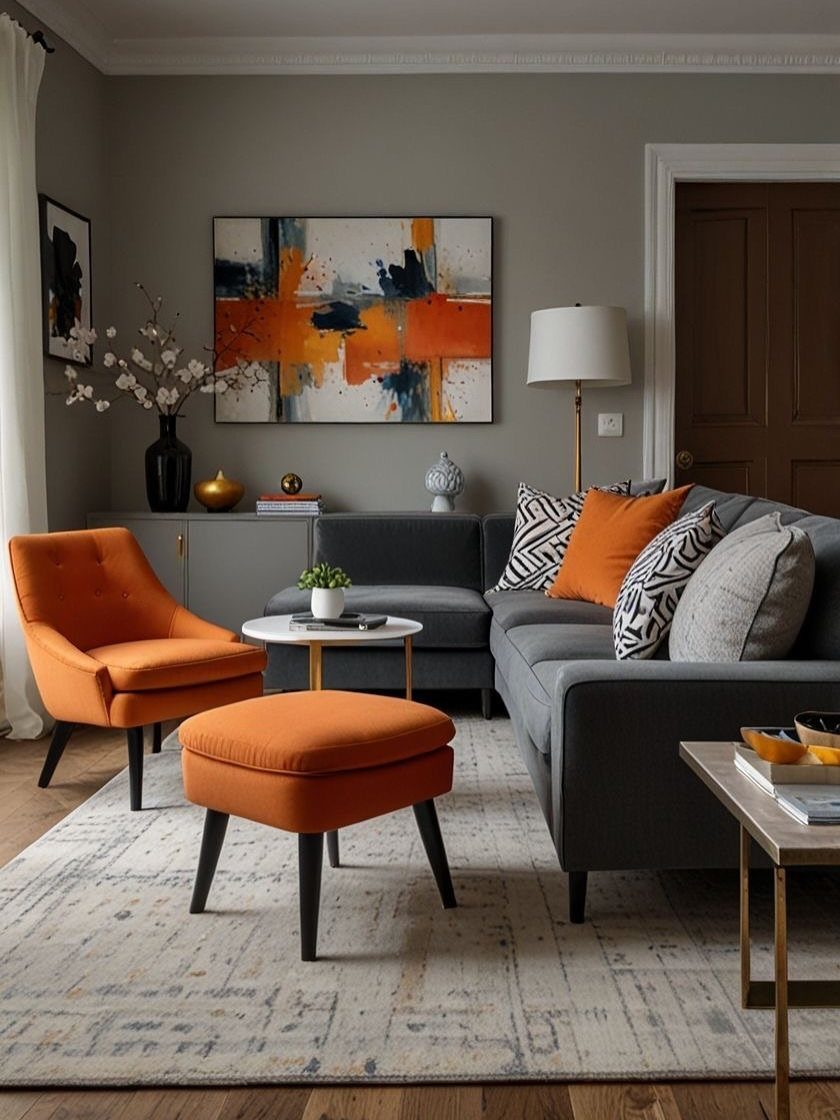 Grey sectional sofa and orange armchair in a modern living room with grey walls.