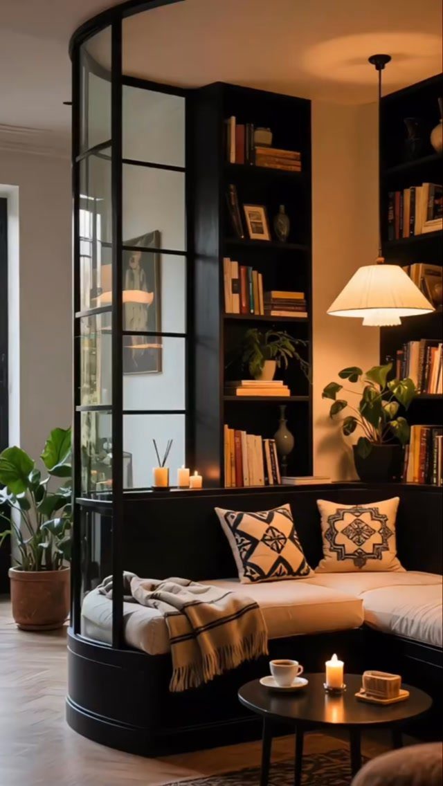 Cozy reading nook with black bookshelves, cream cushioned bench, and warm ambient lighting.