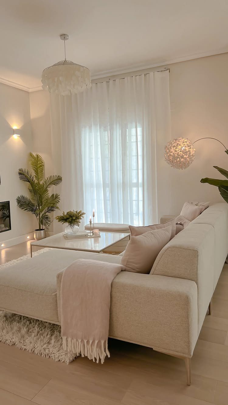 Cream sectional sofa with pink pillows, a throw blanket, and a white shag rug.