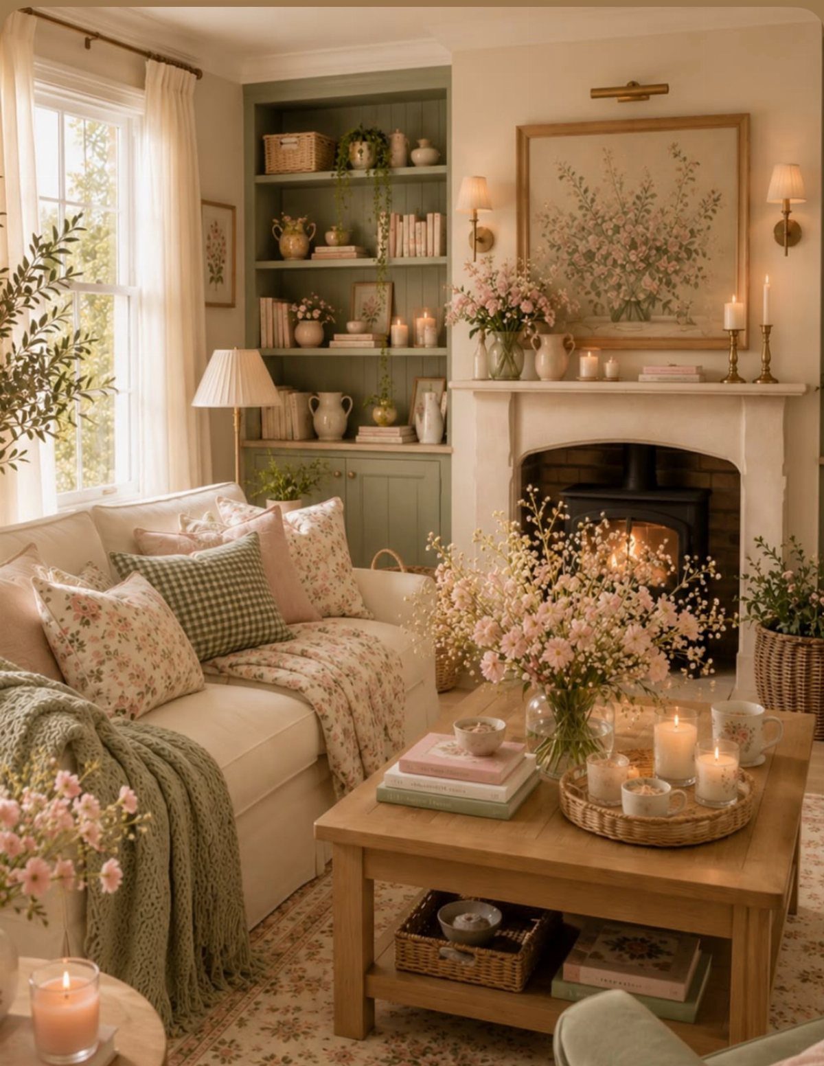 Cozy living room with floral accents, a fireplace, and sage green bookshelves.