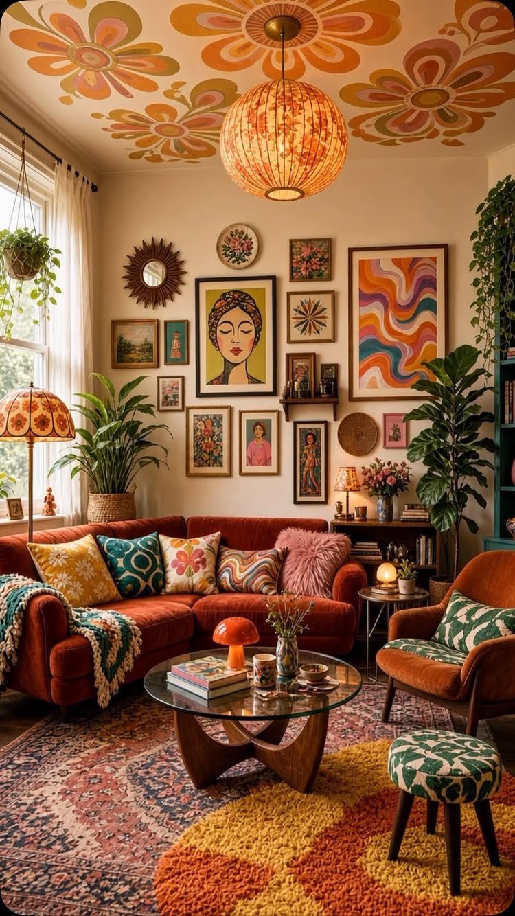 Eclectic living room featuring a gallery wall of framed art and floral ceiling.