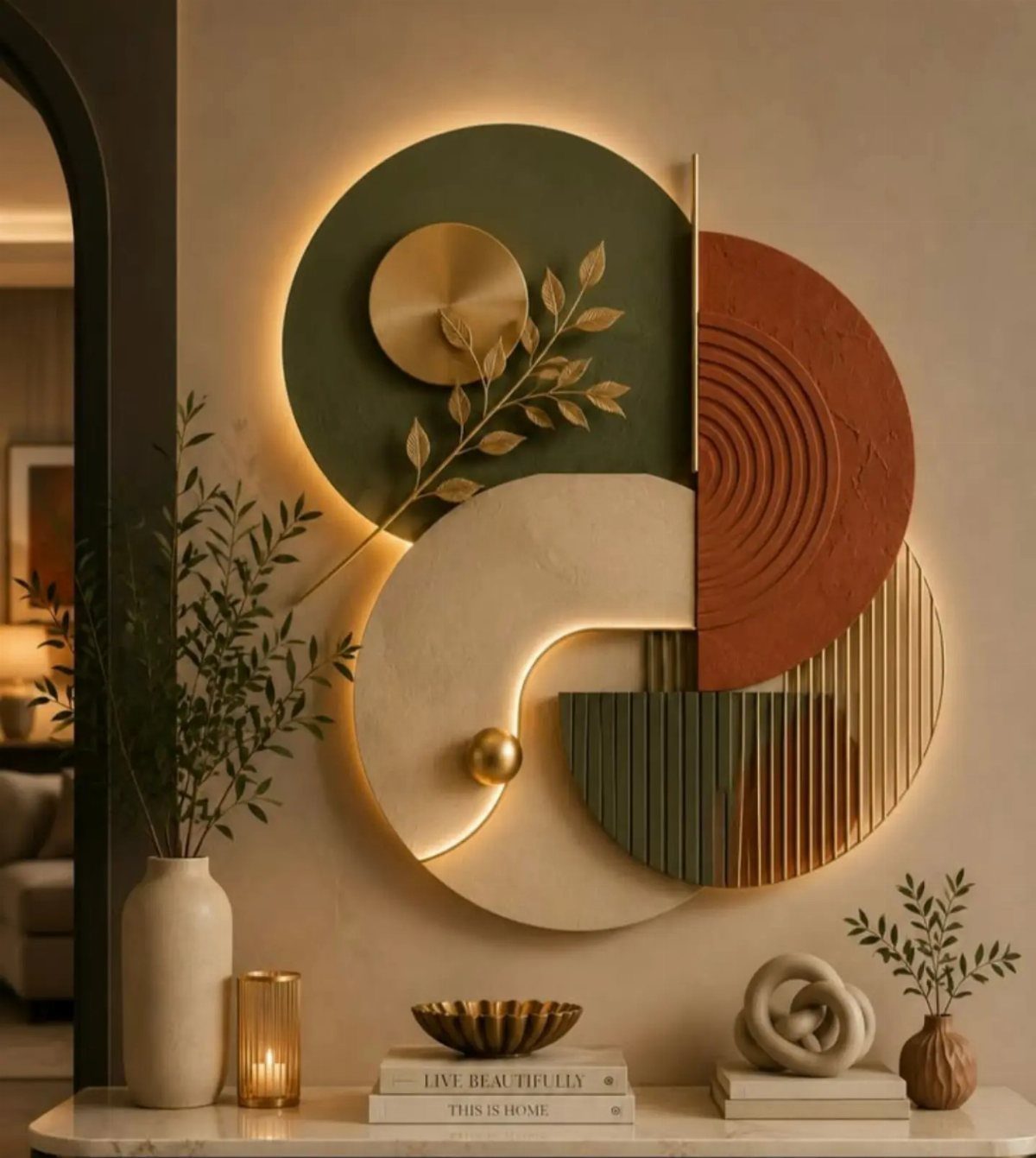 Abstract geometric wall art with circles in green, terracotta, and cream with backlighting.