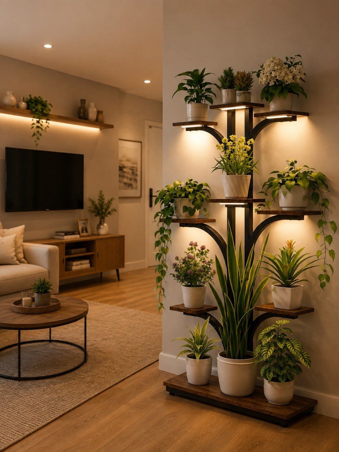 Tree-shaped wooden plant stand with illuminated shelves holding various potted indoor green plants.