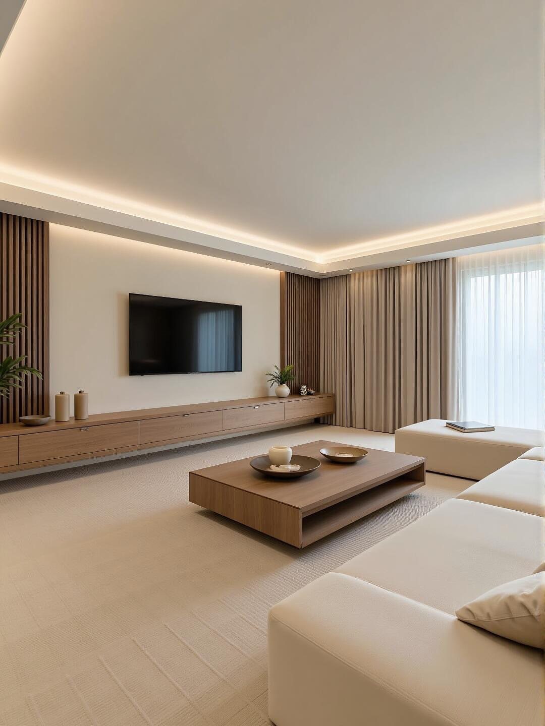 Modern living room with a monochromatic beige palette, white sofa, and wooden furniture.