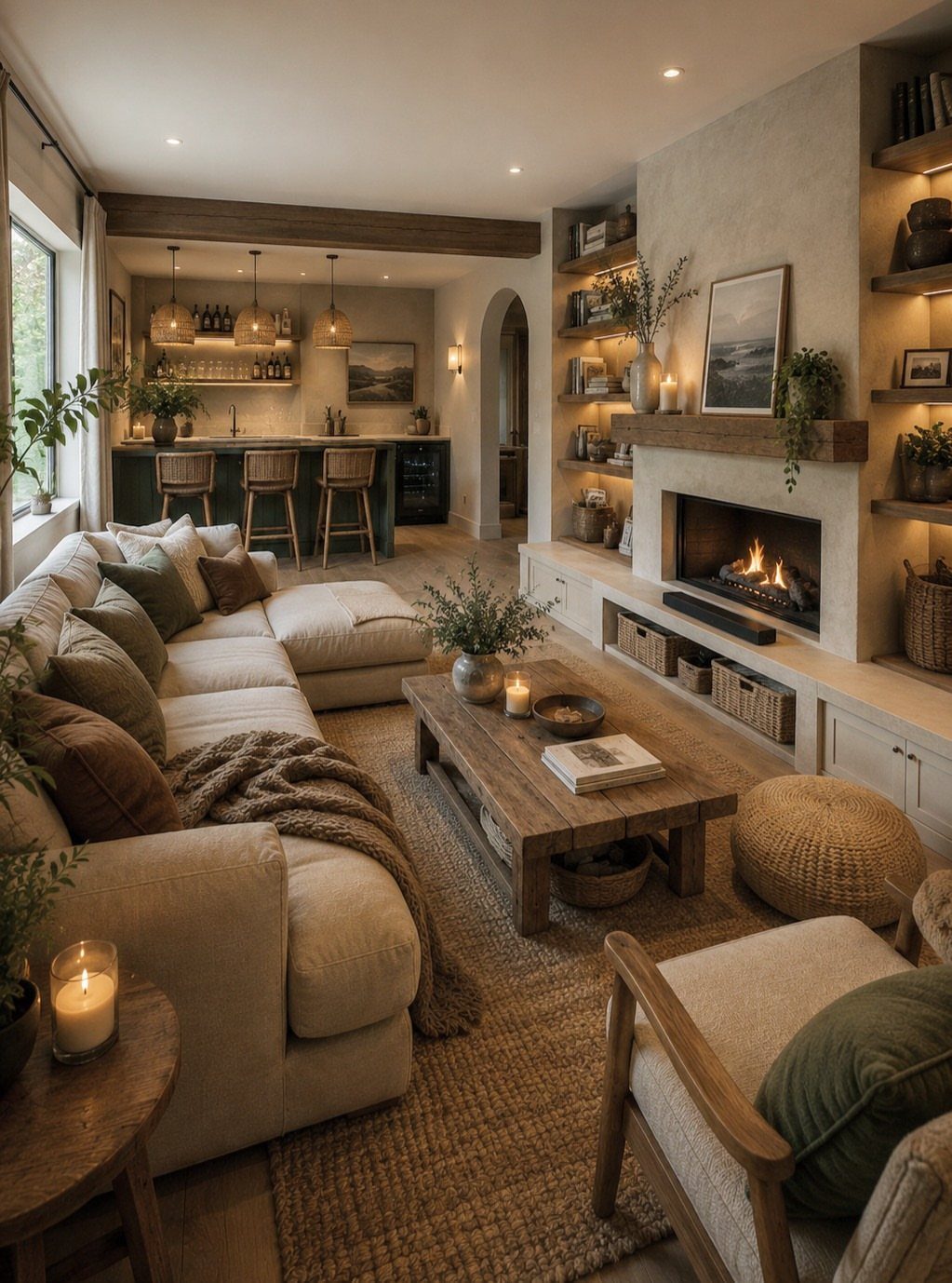 Rustic living room with beige sectional, wooden coffee table, and cozy fireplace hearth.