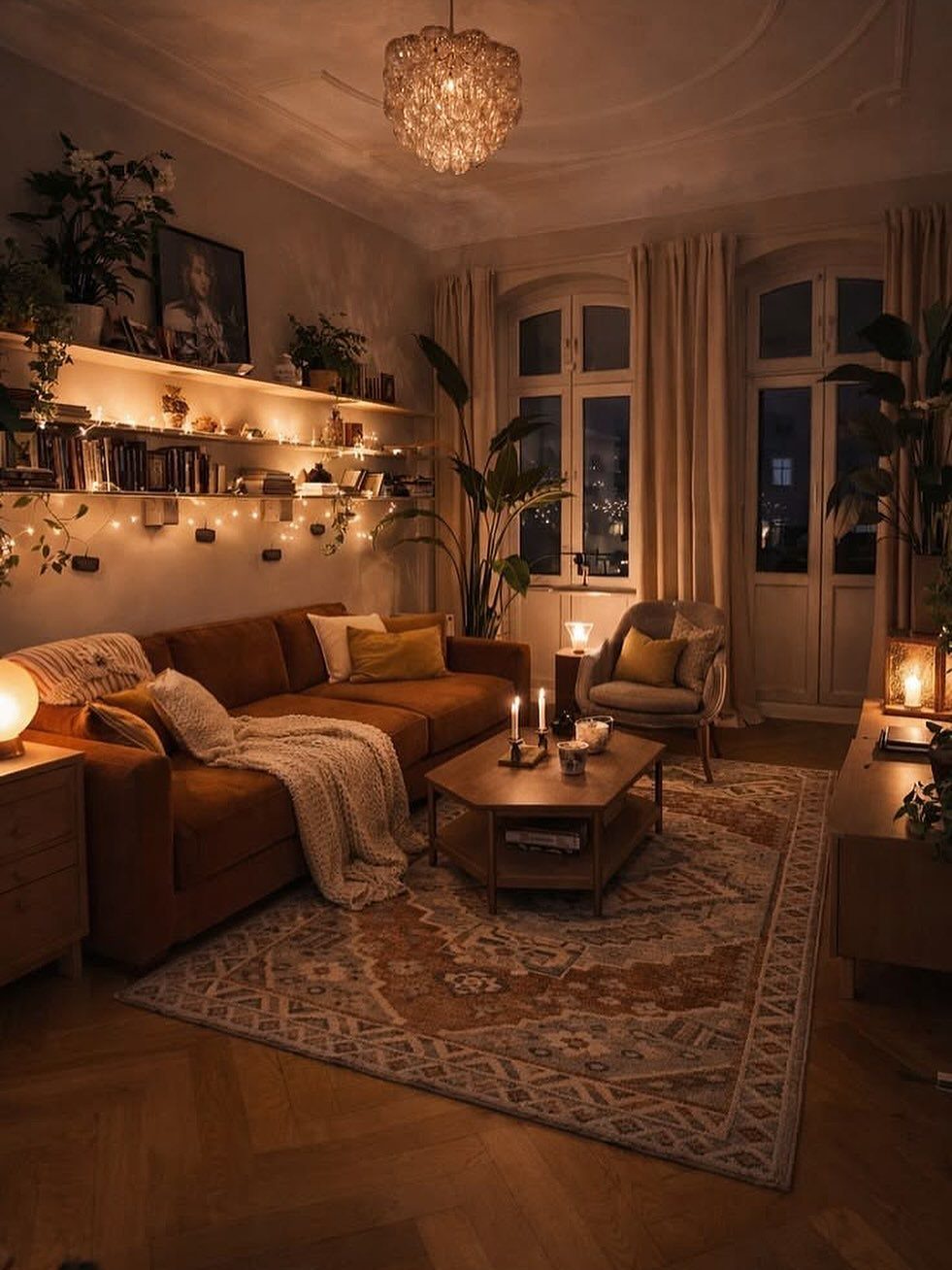 Floating shelves with books and plants on a living room wall with warm lighting