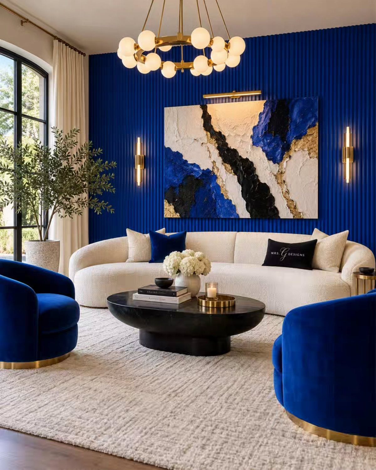 Large abstract blue and gold painting on a royal blue ribbed wall