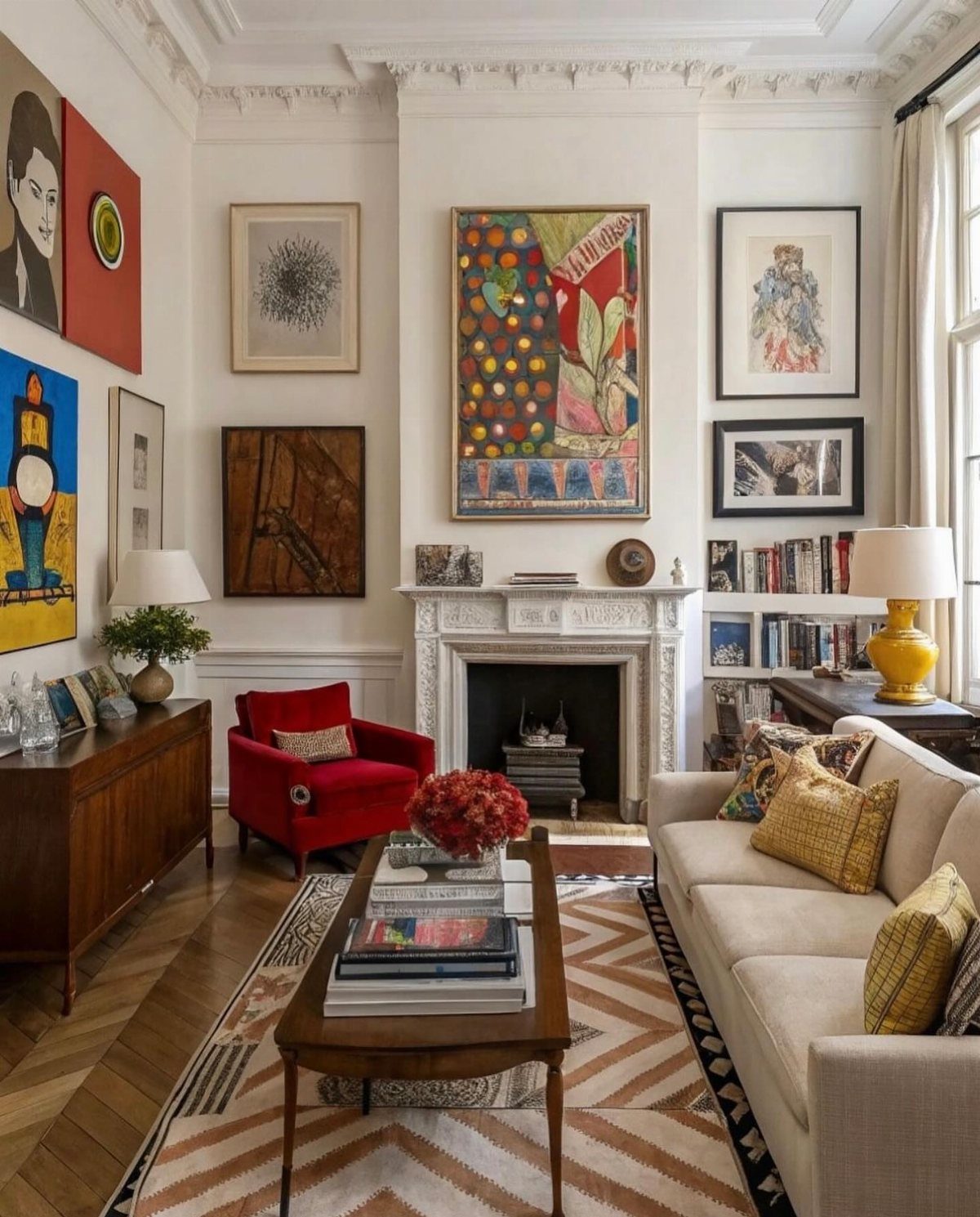 Living room with various framed art pieces stacked and arranged on white walls.