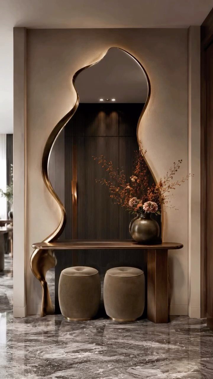 Irregularly shaped gold backlit mirror above a console table with grey velvet ottomans.