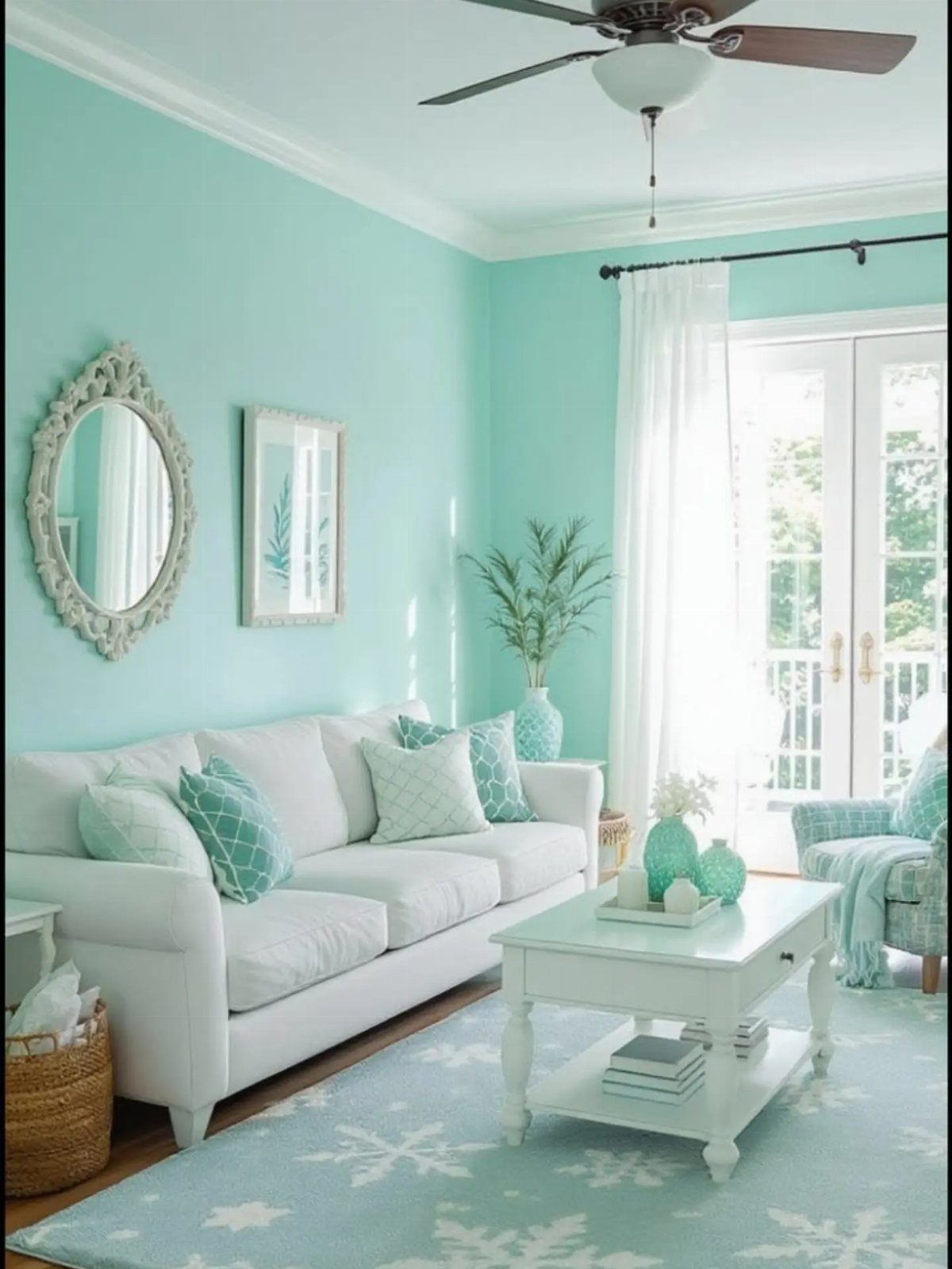 Turquoise living room walls with white furniture and matching blue decorative accents.
