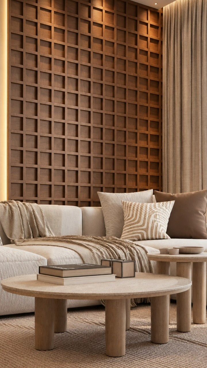 Brown wooden grid wall panels behind a neutral sofa and round wooden tables.