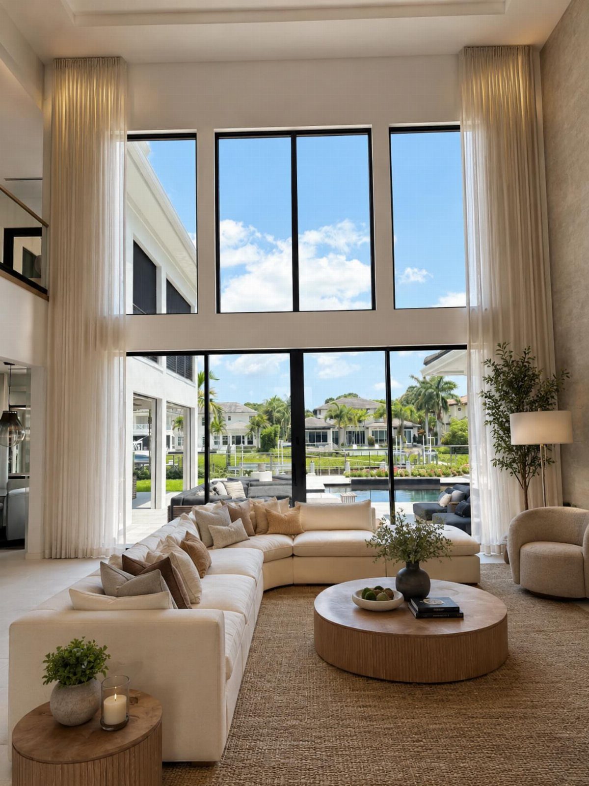 White sheer drapery panels framing large windows in a modern, bright living room.