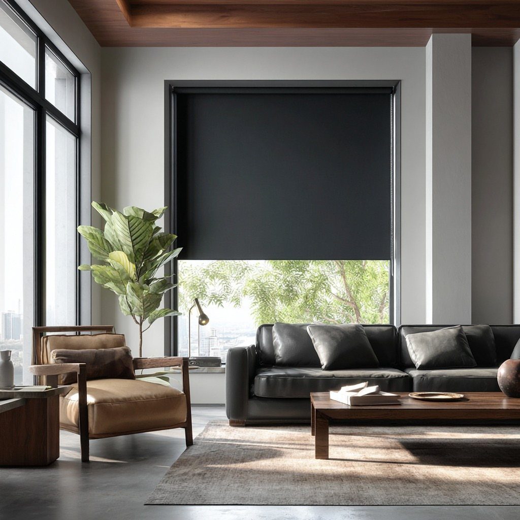 Dark grey roller shade on a living room window with leather furniture.