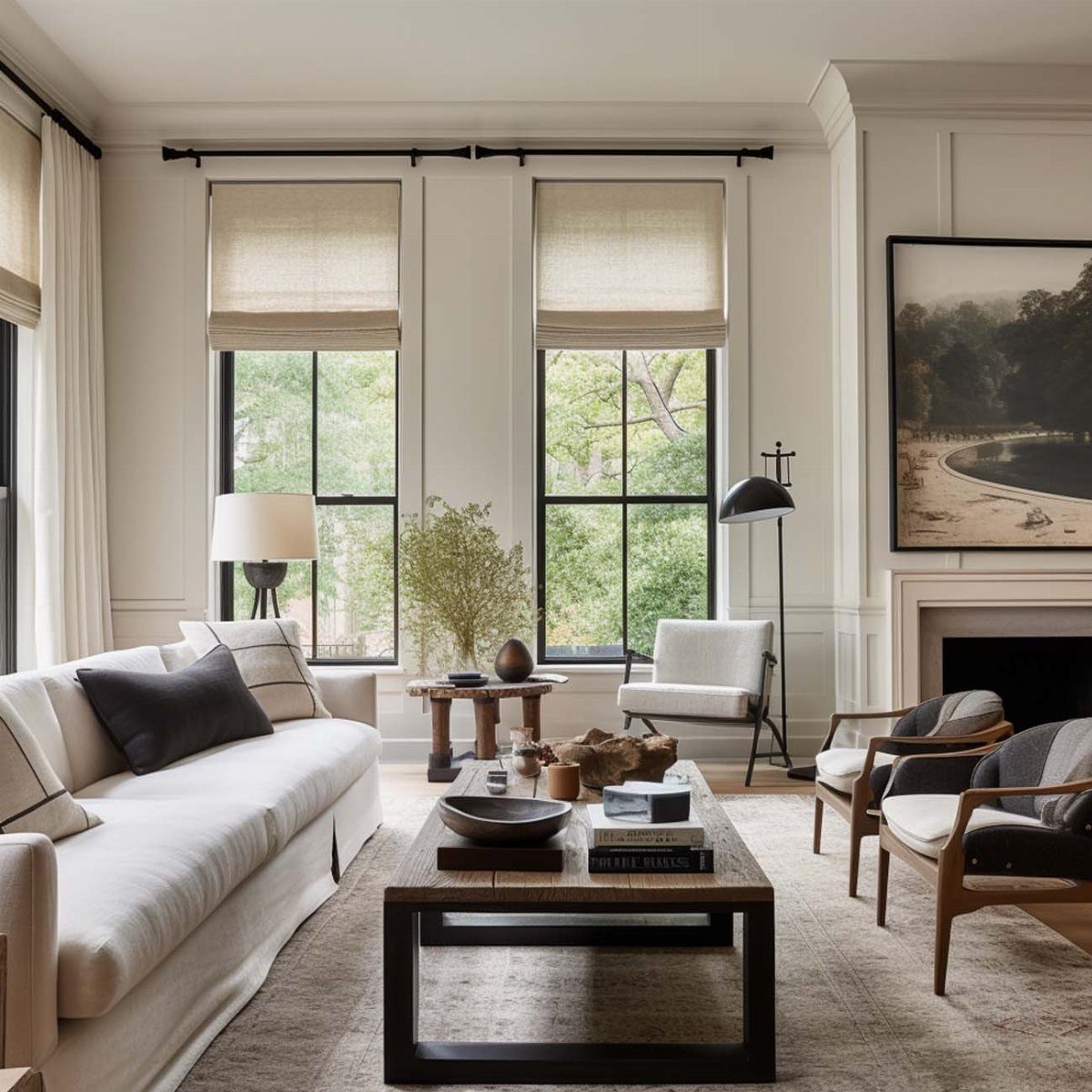 Beige Roman shades on two windows in a modern, neutral living room.