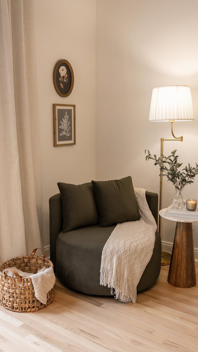Dark grey rounded accent chair in a cozy reading nook with a floor lamp.