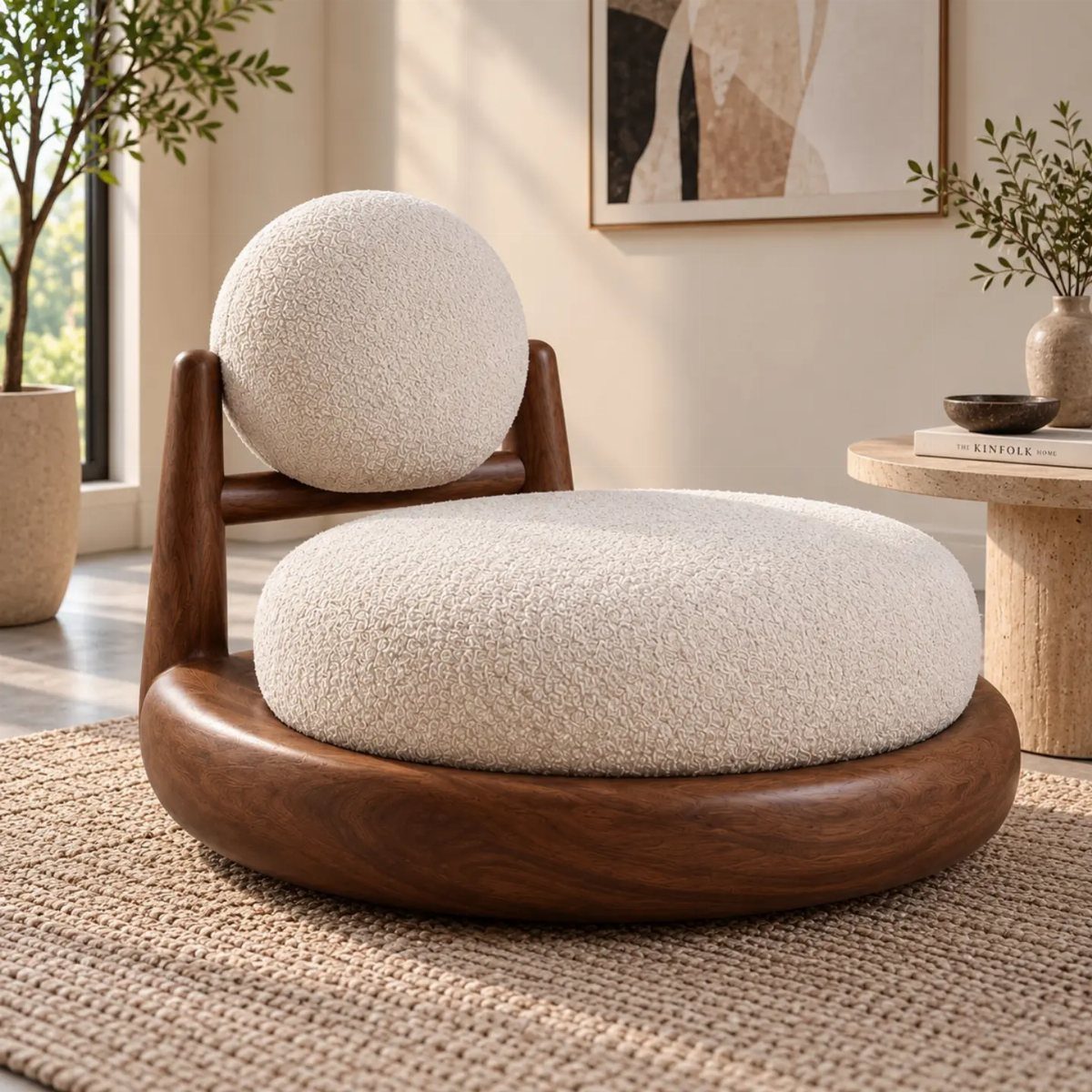 Modern bouclé accent chair with a rounded wooden base in a bright living room.