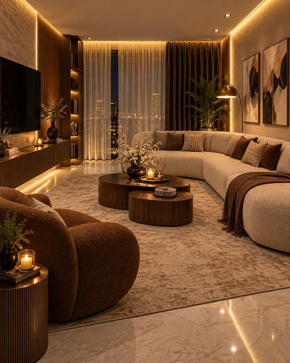 Brown textured accent chair paired with a large curved beige sectional sofa