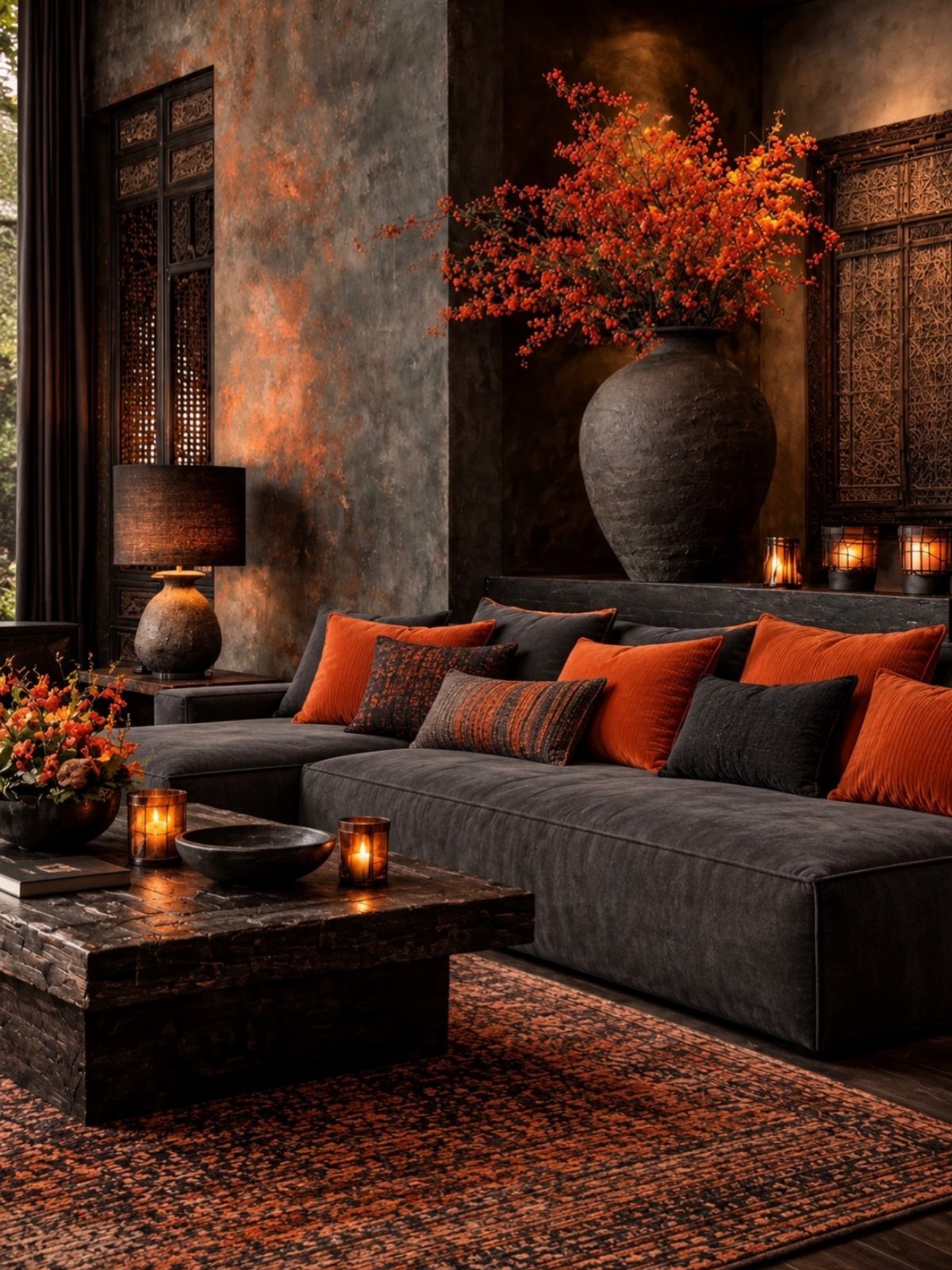 Black sectional sofa with orange pillows and a dark wooden coffee table.