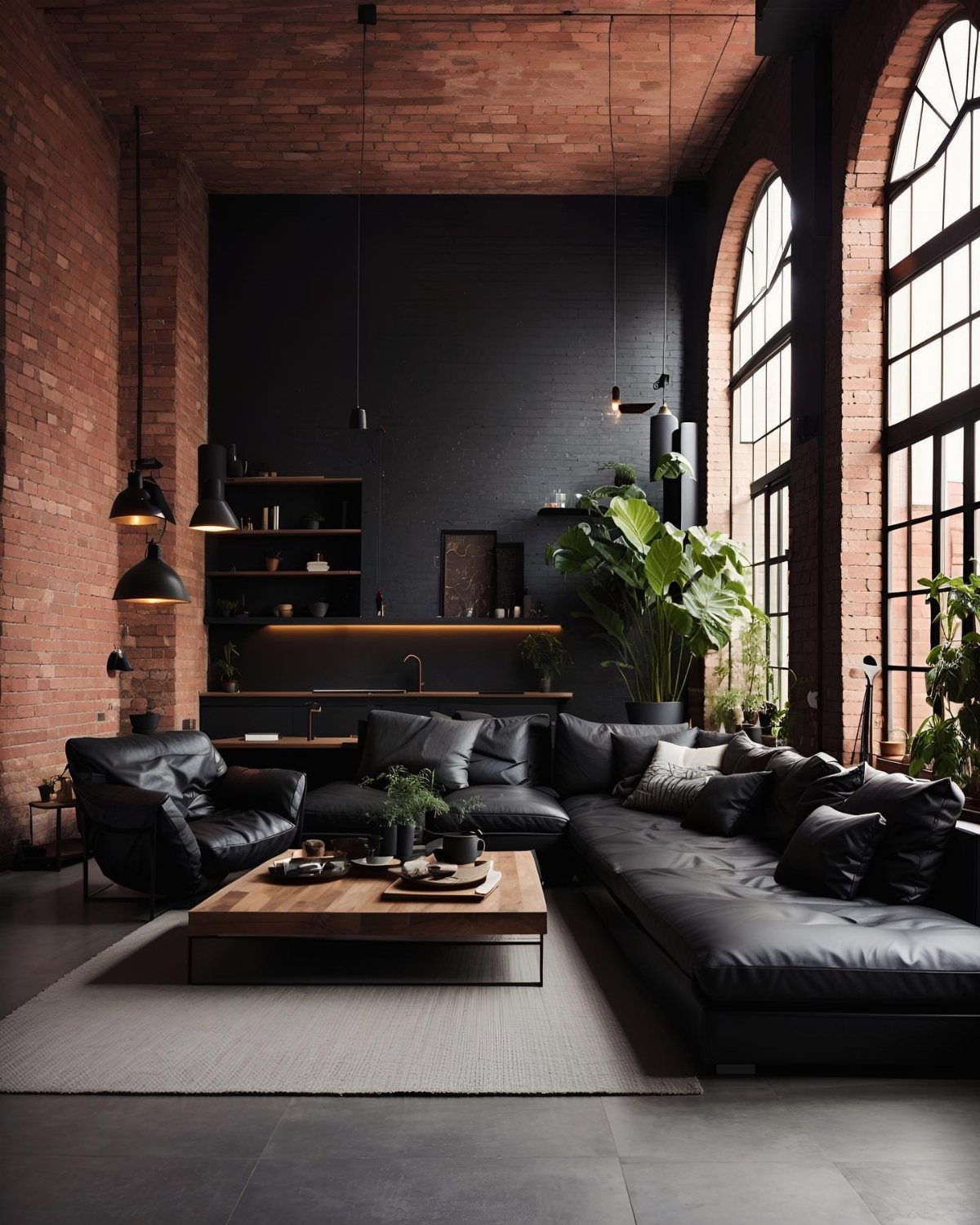 Black leather sectional and armchair in an industrial loft with red brick walls.
