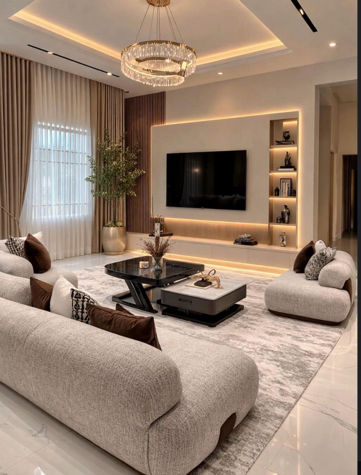 Beige sofas and a black coffee table arranged on a large grey rug.
