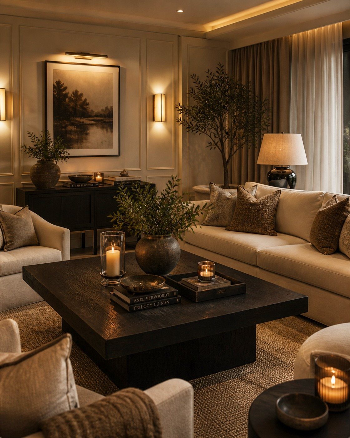 Warmly lit lounge room with wall sconces, a table lamp, and cozy seating.