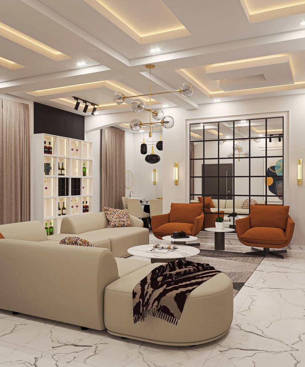 Modern lounge room with beige curved sofa and orange armchairs arranged for conversation.