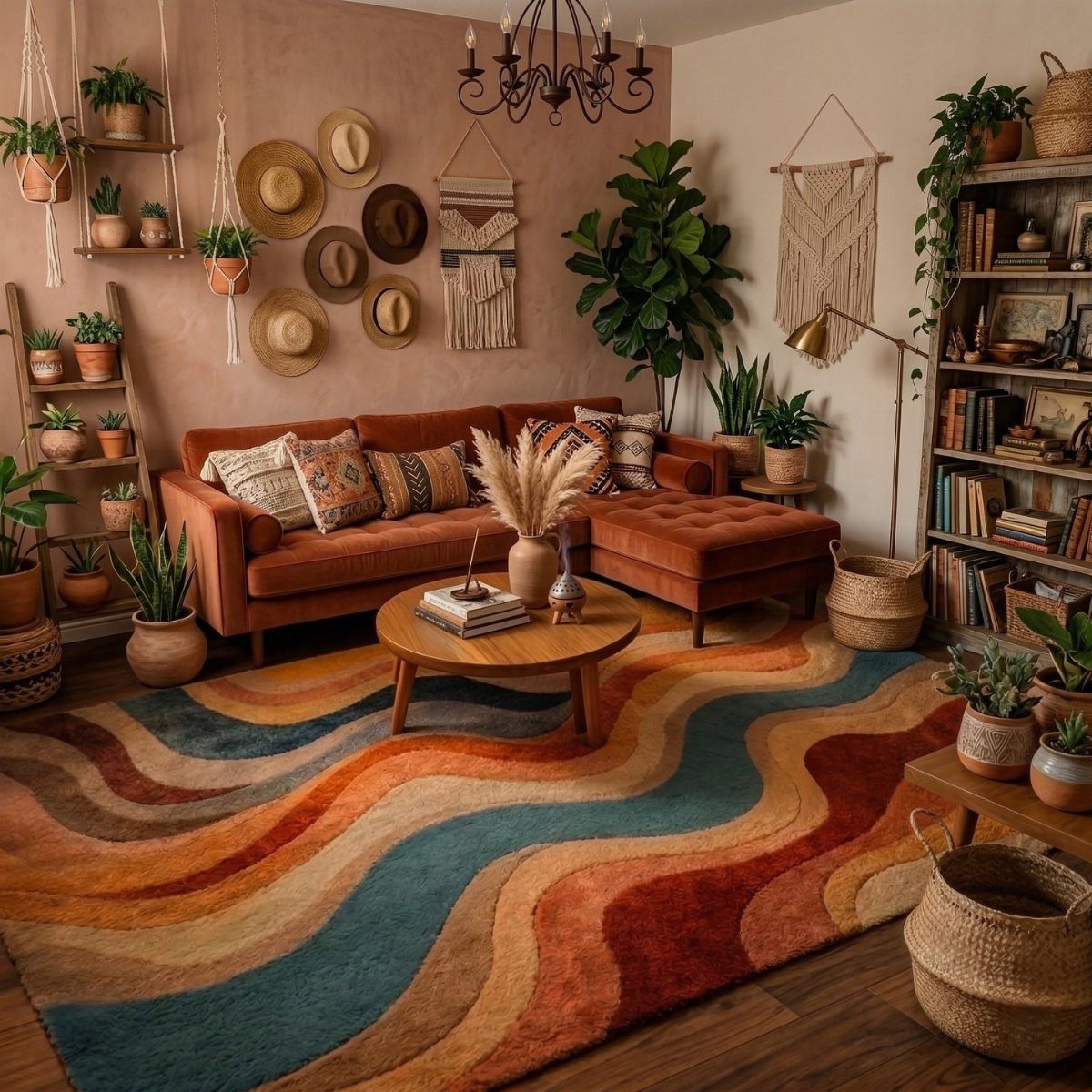 Terracotta sectional sofa with patterned throw pillows on a wavy multicolored rug.