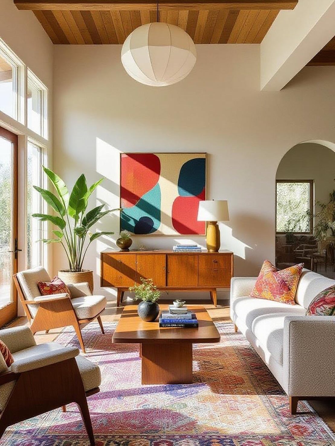 Mid-century modern living room with white sofa, colorful pillows, and wooden furniture.