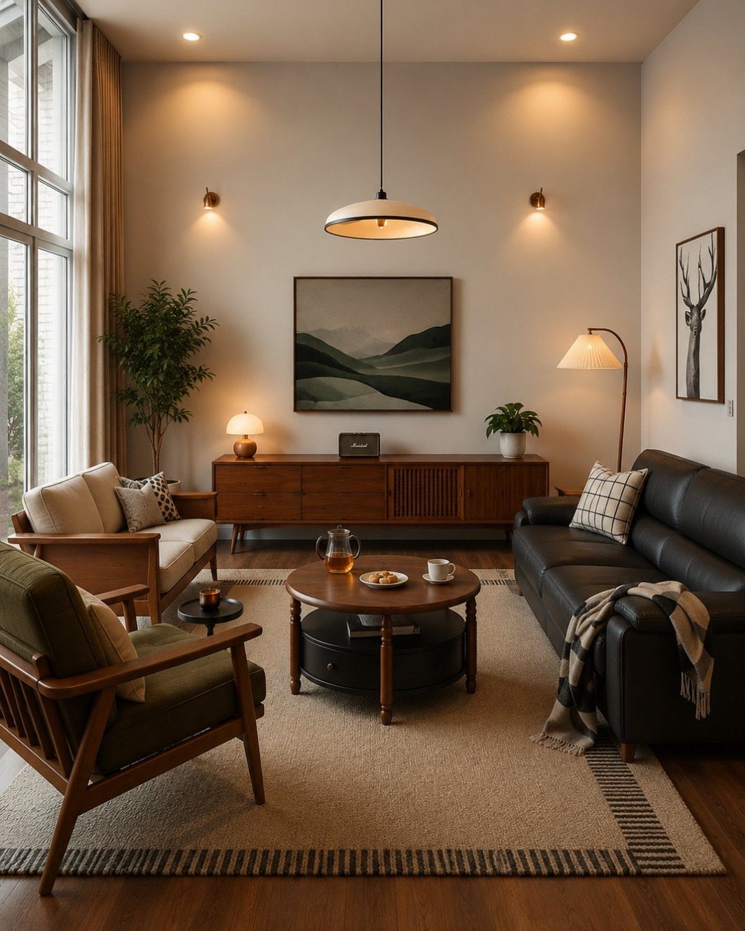 Midcentury modern living room with leather sofa, wooden chairs, and minimalist decor.
