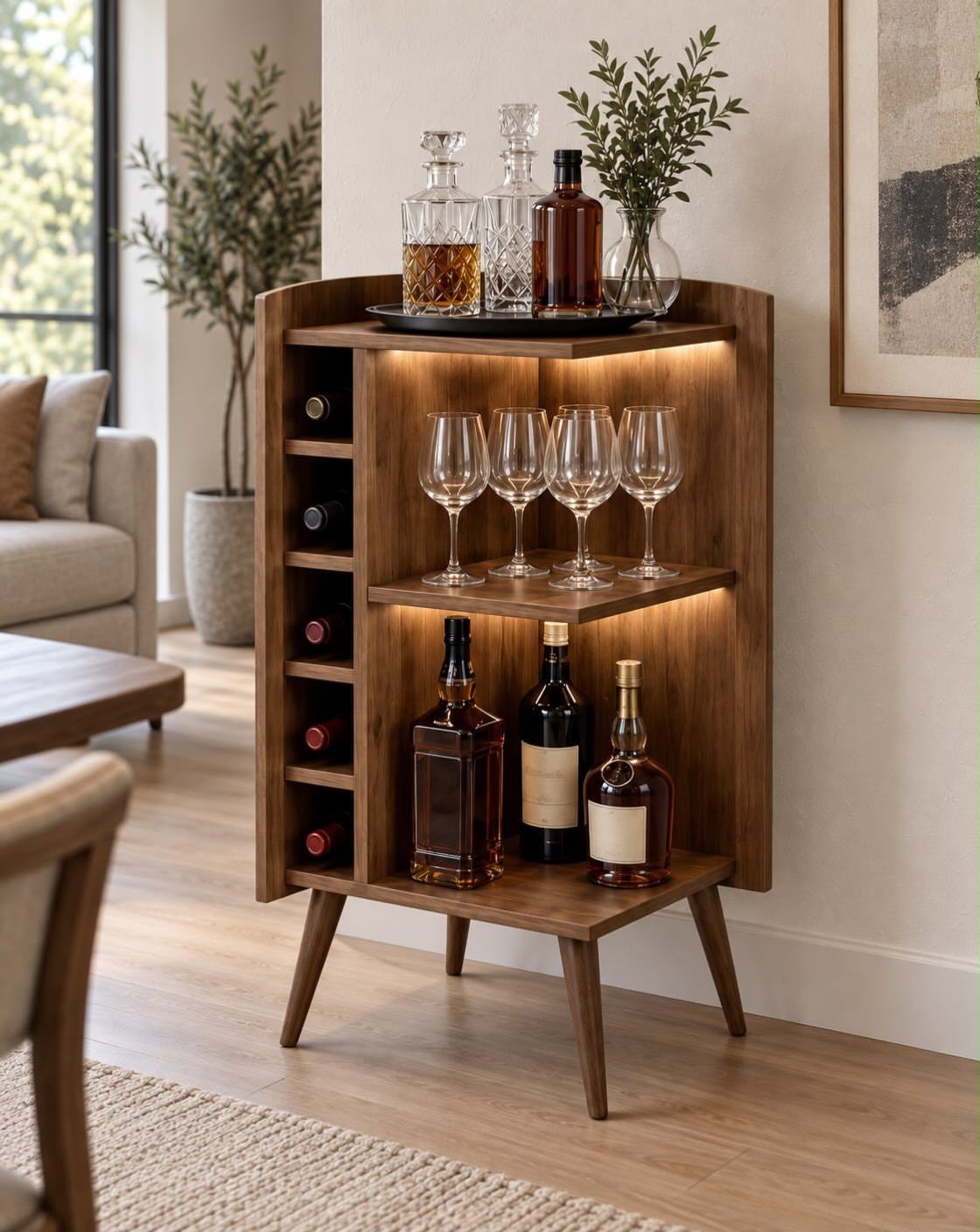 Wooden mid-century modern bar cabinet with integrated lighting, glassware, and liquor bottles.
