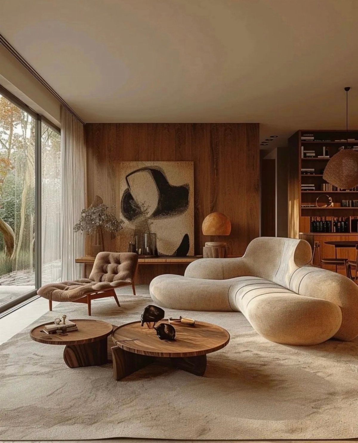 Living room with vertical wood paneling, curved beige sofa, and abstract wall art.